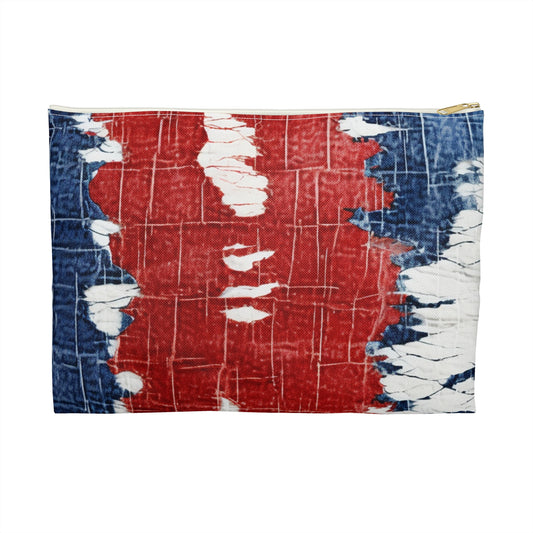 Patriotic Red, White & Blue: Distressed Denim-Style, Torn Fabric - Accessory Pouch