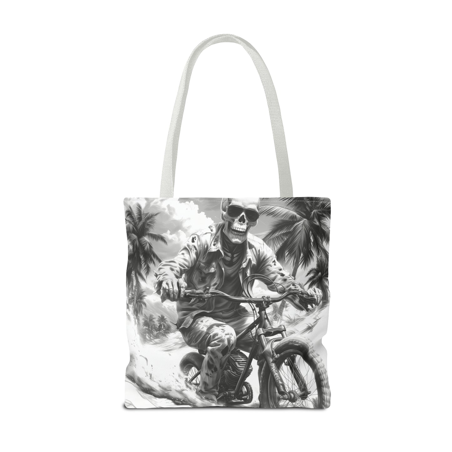 Biker Skeleton Wearing Sunglasses, Riding Sunset Boulevard in California Motorcycle, Tote Bag (AOP)