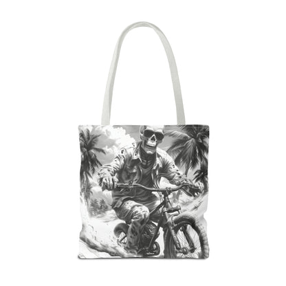 Biker Skeleton Wearing Sunglasses, Riding Sunset Boulevard in California Motorcycle, Tote Bag (AOP)