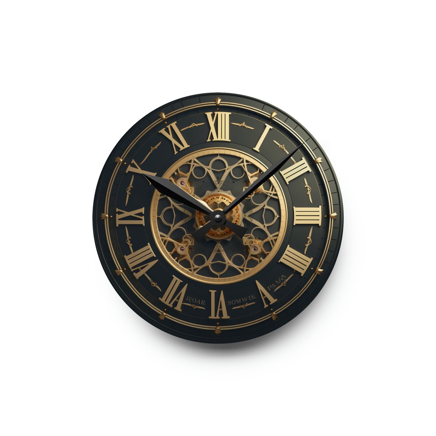 Gold Trim sophisticated clock with romanian numbers, Acrylic Wall Clock