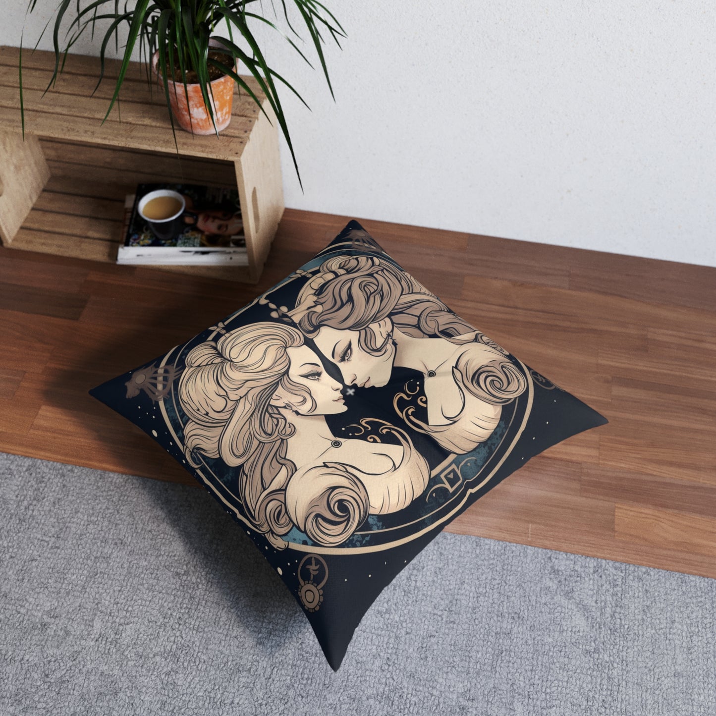 Duality of Gemini - Expressive Twins Zodiac Astrology - Tufted Floor Pillow, Square