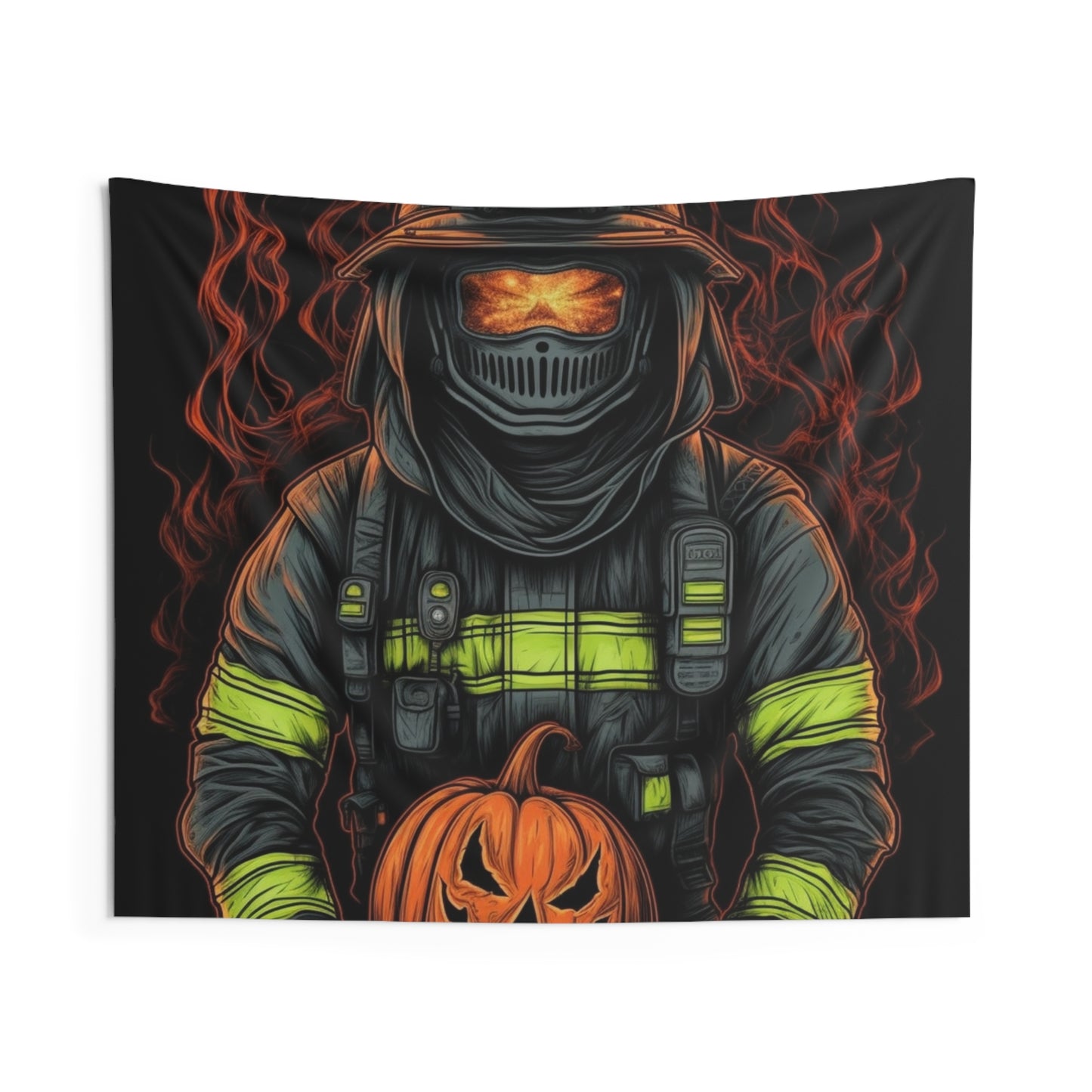 Firefighter Spooky Alert: Facing Haunted Halloween Spirits Scary Fire Pumpkin - Indoor Wall Tapestries