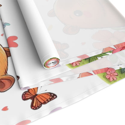 Capybara Holding Pencil and Notepad with I Love Capybaras, Cute Rodent Surrounded by Flowers and Butterflies, Table Runner (Cotton, Poly)