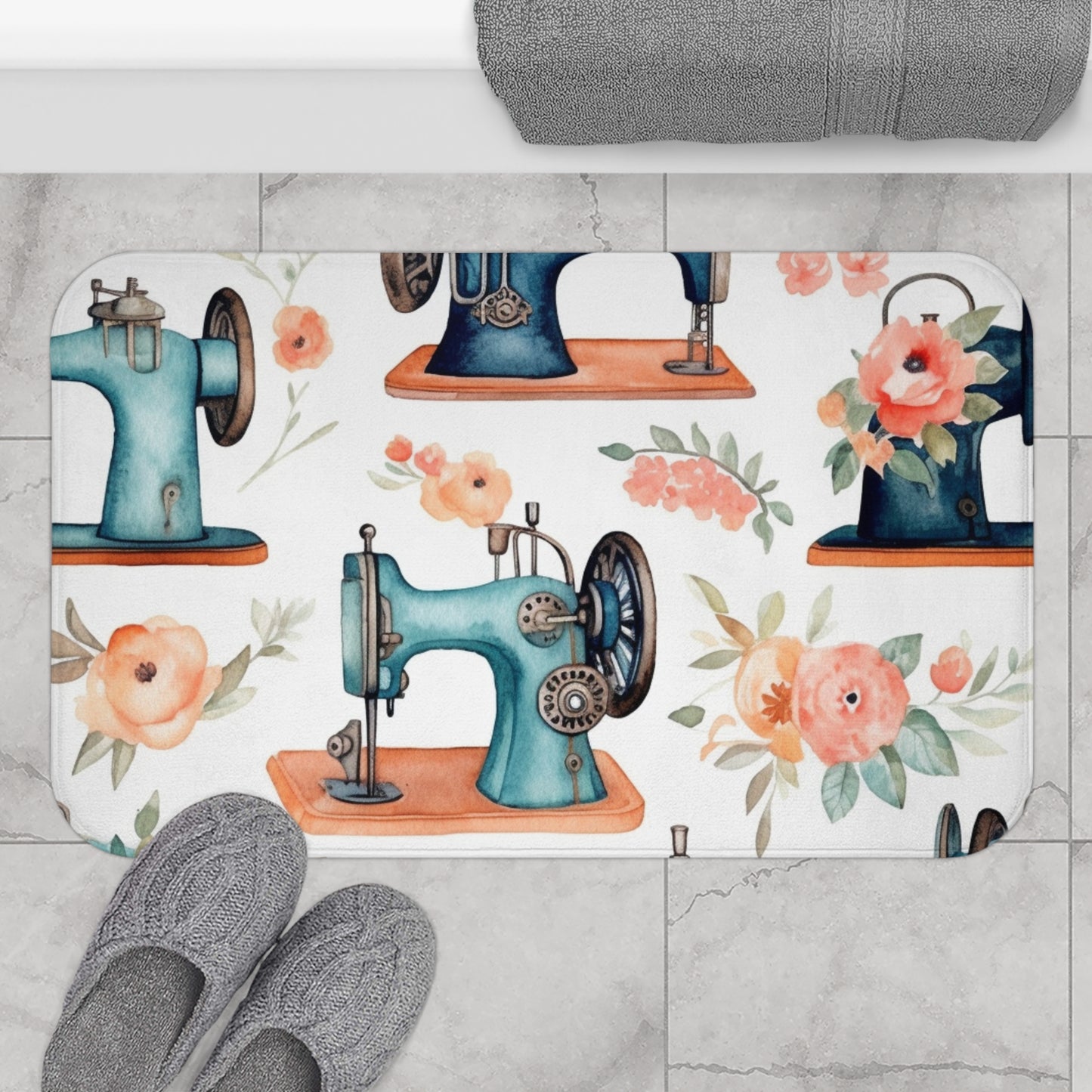 Watercolor Sewing Machines & Floral Bouquets: Antique Feminine Minimalist Styling - Bath Mat