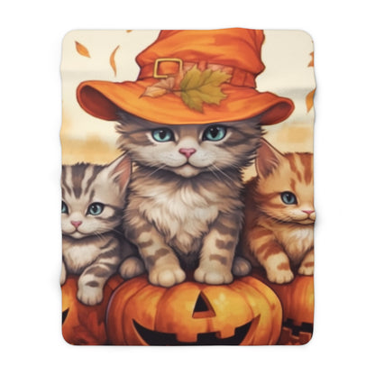 Kitty Cat Kittens Halloween - Cute Furries on Pumpkin - Festive Feline Decor - Sherpa Fleece Blanket