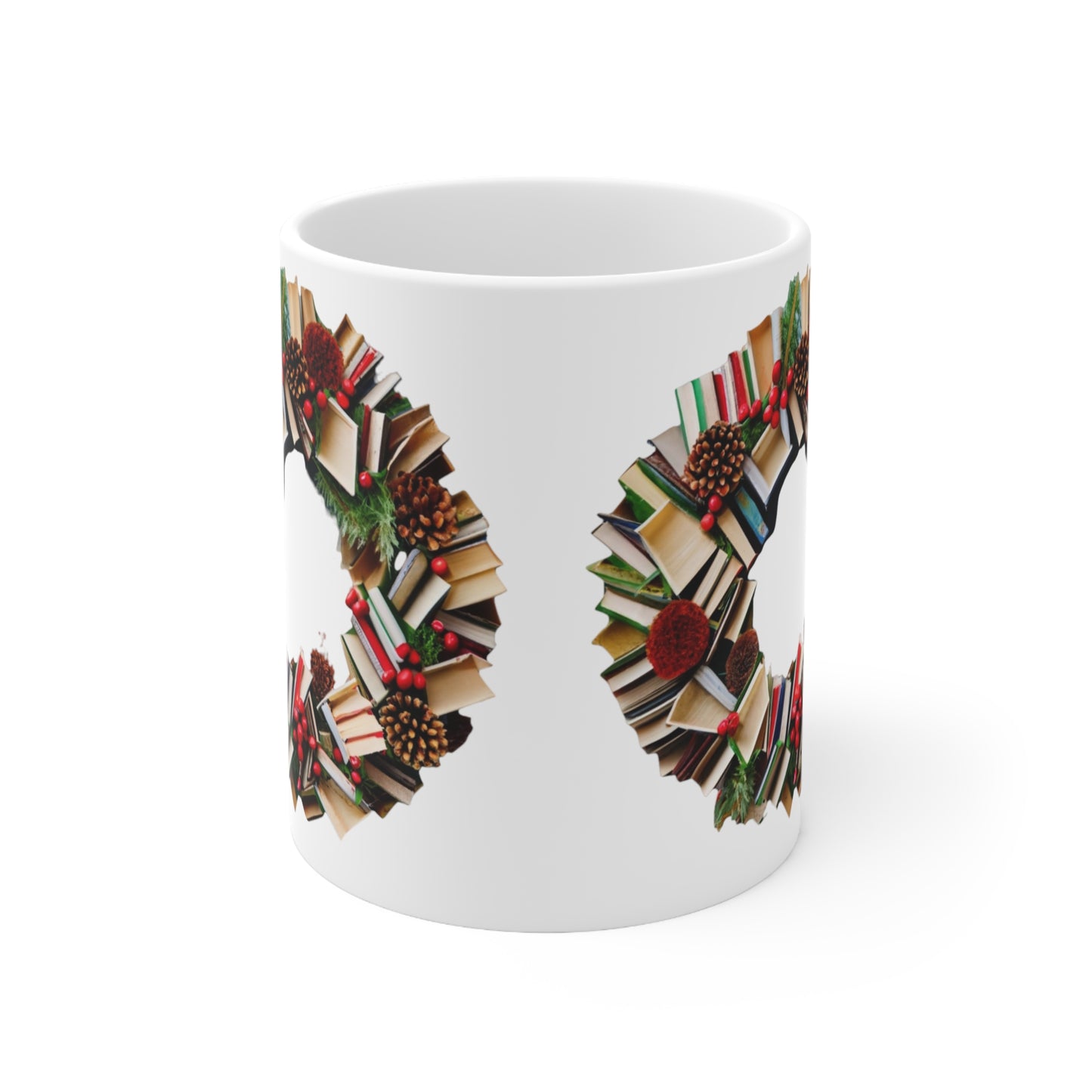 Holiday Book Wreath: Festive Literary Book Lover & Christmas Pinecone Arrangement - Ceramic Mug 11oz