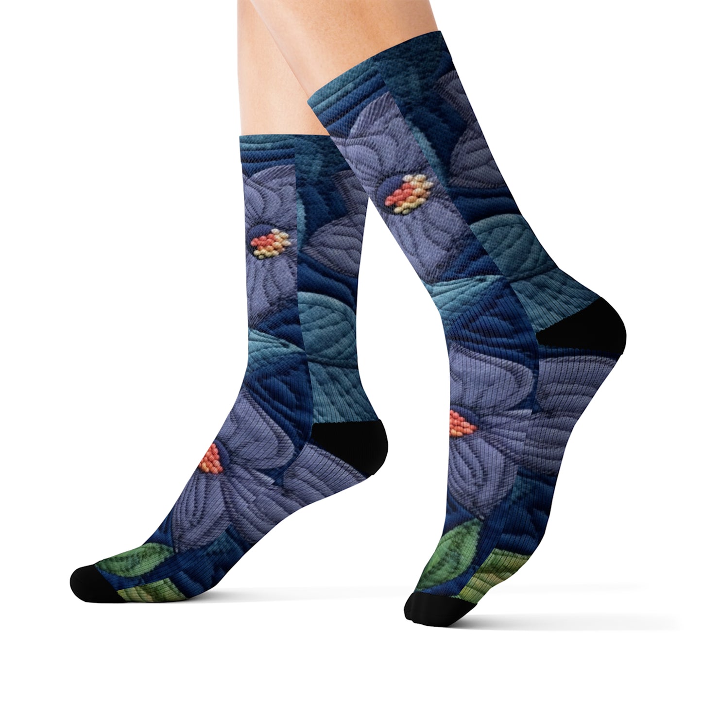 Floral Embroidery Blue: Denim-Inspired, Artisan-Crafted Flower Design - Sublimation Socks