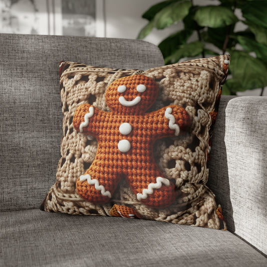 Rustic Gingerbread Delights: Christmas Crochet Gingerbread Men on Classic Beige Granny Squares - Spun Polyester Square Pillow Case