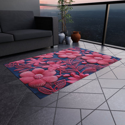 Denim Blue Doll Pink Floral Embroidery Style Fabric Flowers - Outdoor Rug