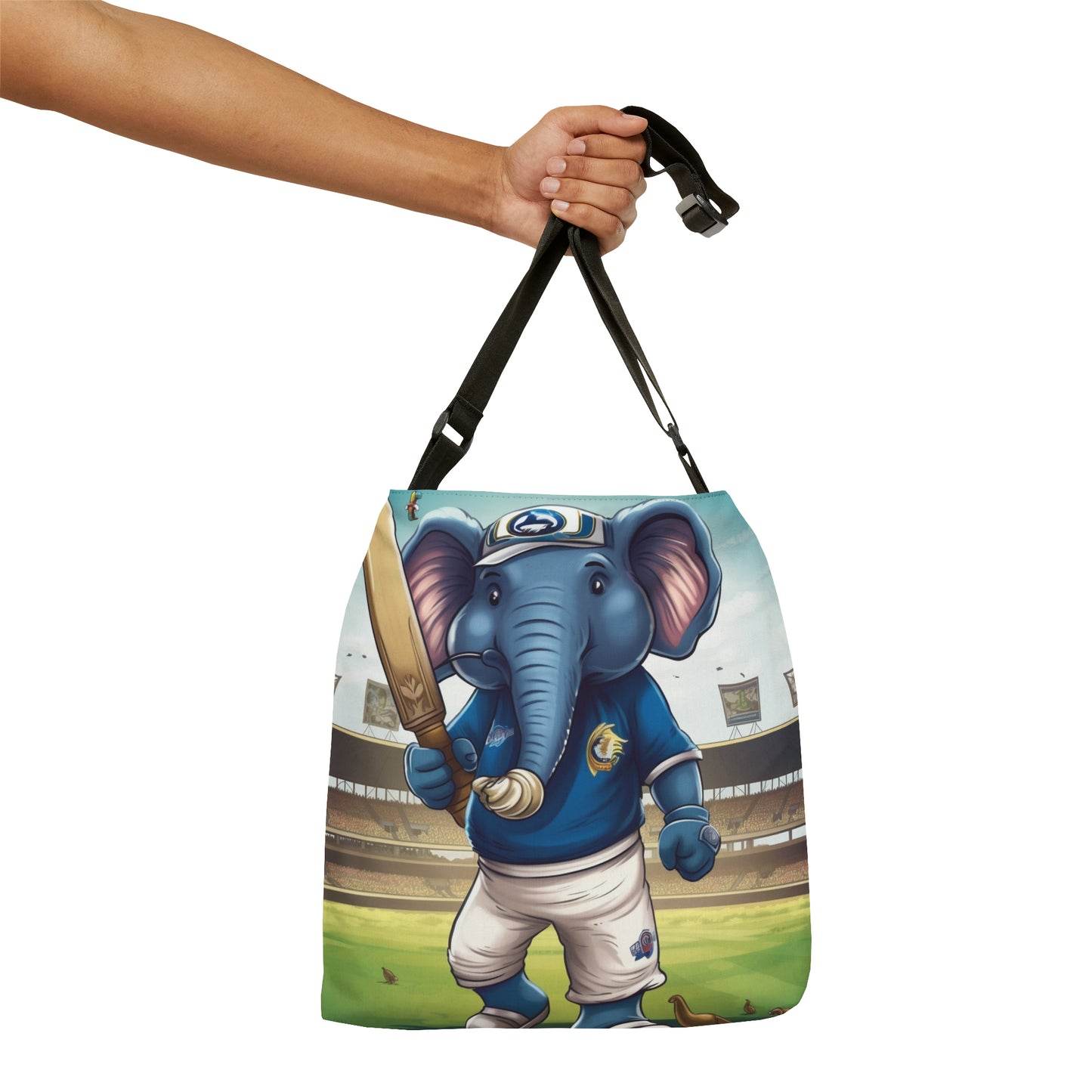 India Elephant Cricket Sport Star: Pitch, Run, Stump Game - Animated Charm - Adjustable Tote Bag (AOP)