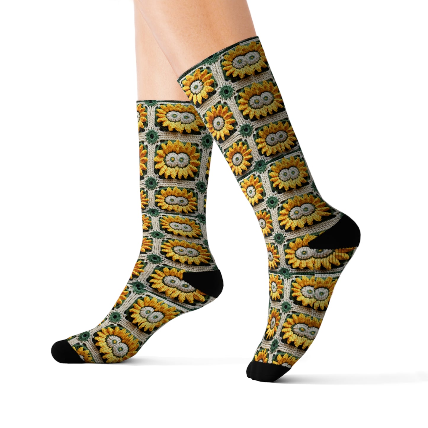 Sunflower Crochet Elegance, Granny Square Design, Radiant Floral Motif. Bring the Warmth of Sunflowers to Your Space - Sublimation Socks