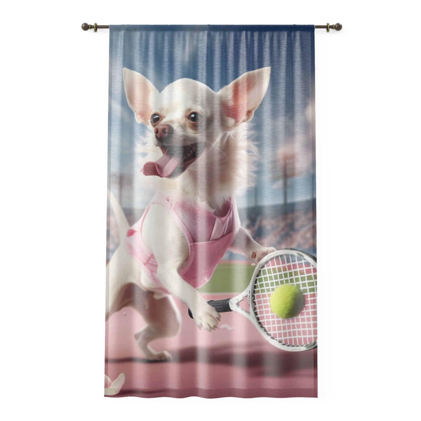 Chihuahua Tennis Ace: traje rosa para perro, juego deportivo atlético en la cancha - Cortina de ventana