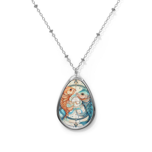 Pisces Zodiac Horoscope - Starry Watercolor & Ink, Fish - Oval Necklace