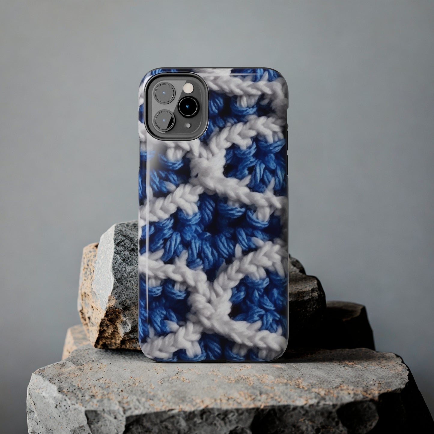 Blueberry Blue Crochet, White Accents, Classic Textured Pattern - Tough Phone Cases