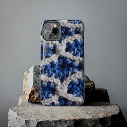 Blueberry Blue Crochet, White Accents, Classic Textured Pattern - Tough Phone Cases