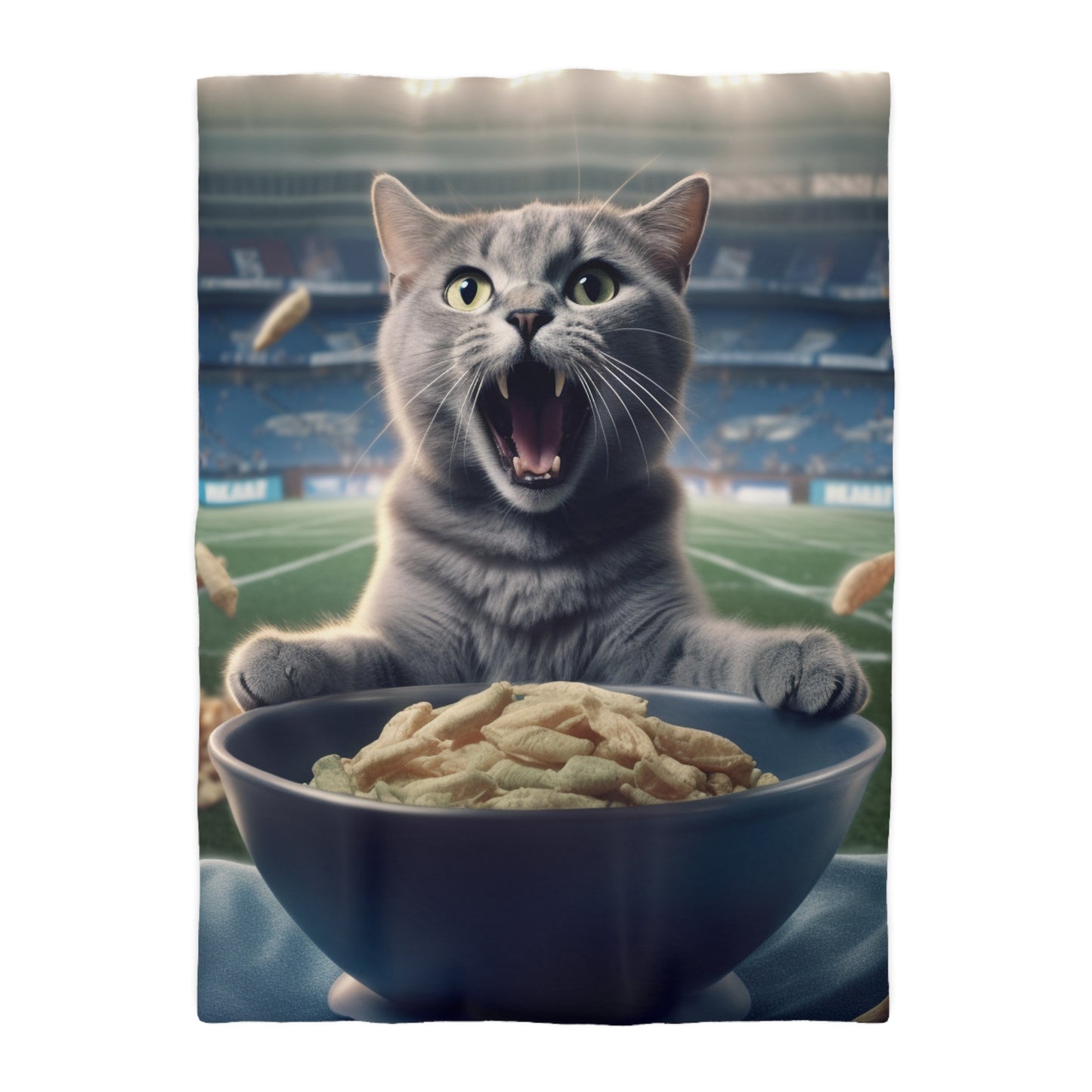 Felino de fútbol de entretiempo: gatito que grita, aficionado a los deportes, gato, comida en el estadio, funda nórdica de microfibra