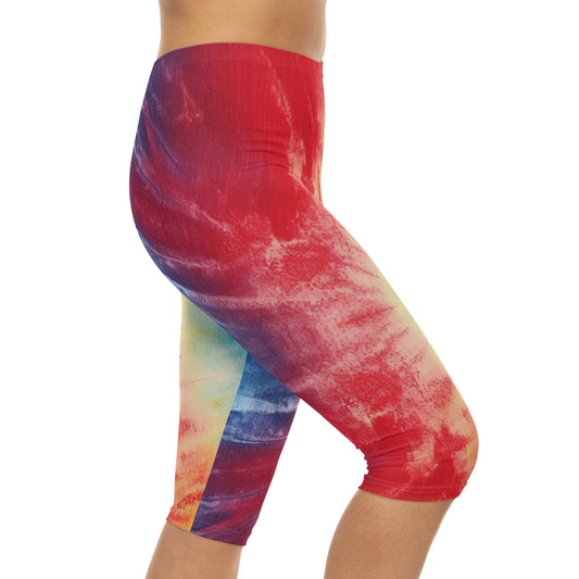 Rainbow Tie-Dye Denim: Vibrant Multi-Color, Fabric Design Spectacle - Women’s Capri Leggings (AOP)