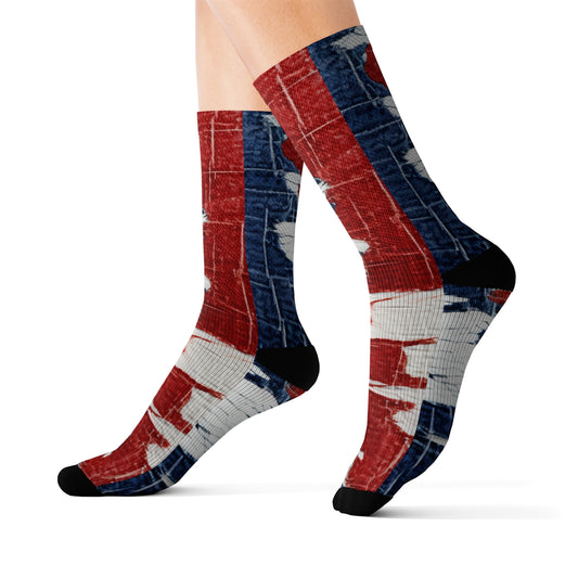 Patriotic Red, White & Blue: Distressed Denim-Style, Torn Fabric - Sublimation Socks