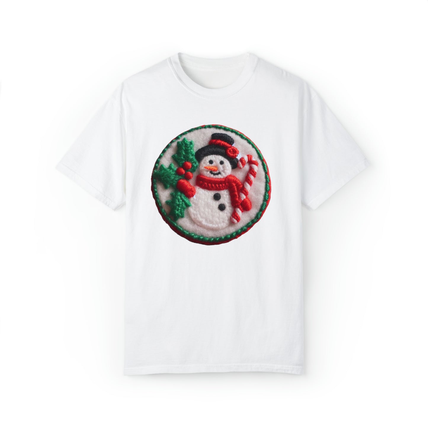 Festive Snowman Embroidered Patch: Christmas Chenille Holly & Candy Cane - Unisex Garment-Dyed T-shirt