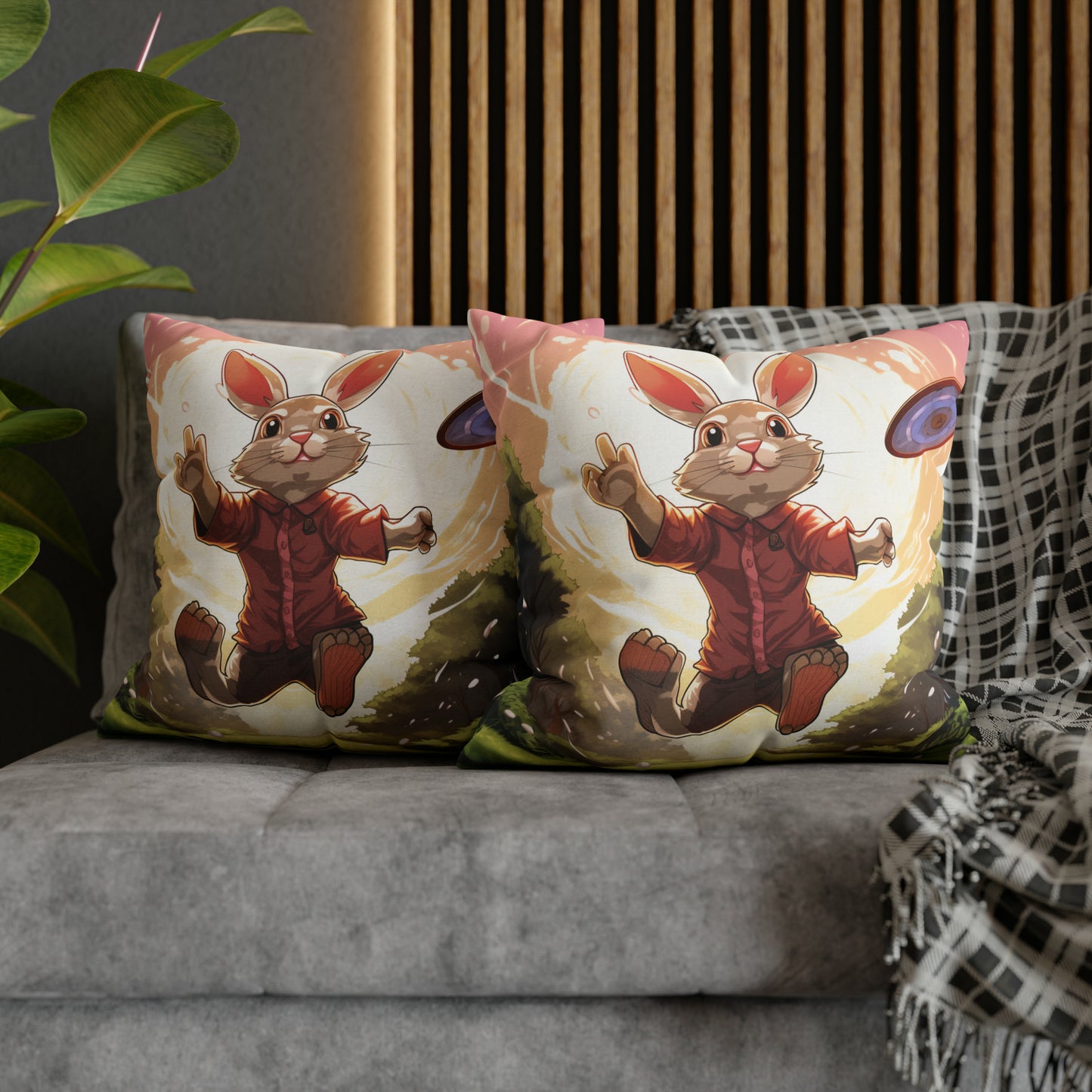 Disc Golf Rabbit: Bunny Aiming Frisbee for Basket Chain - Spun Polyester Square Pillow Case