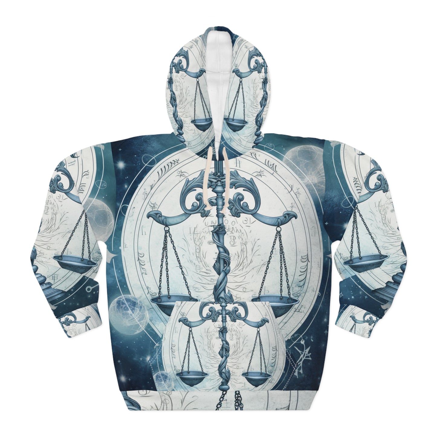 Blue Tones Libra Zodiac Cosmic Astro - Balance Scale & Symbols - Unisex Pullover Hoodie (AOP)