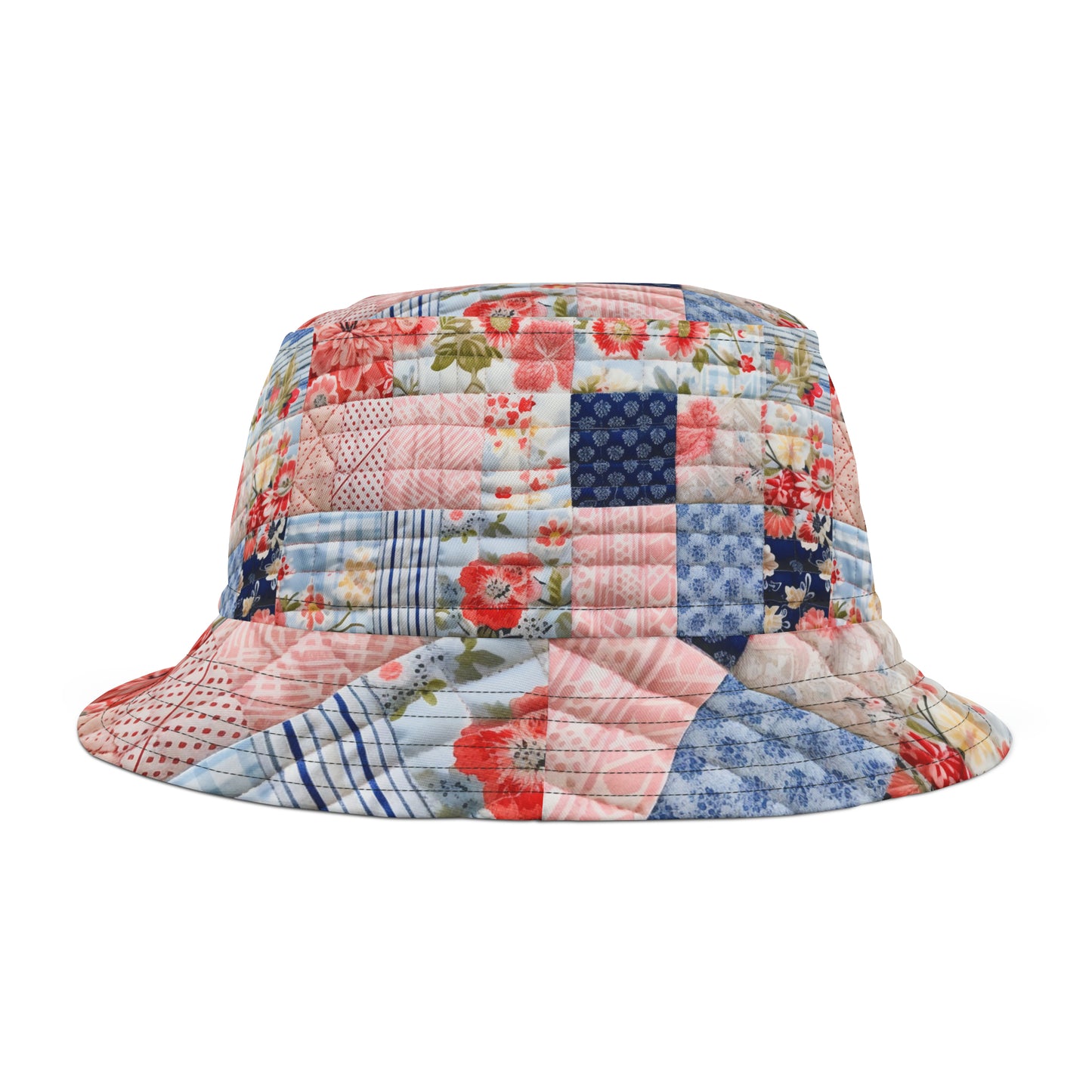 Floral Harmony Quilt, Blossom Patchwork, Blue and Pink Quilted Patterns, Garden Quilt, Soft Pastel Quilting Squares Design - Bucket Hat (AOP)