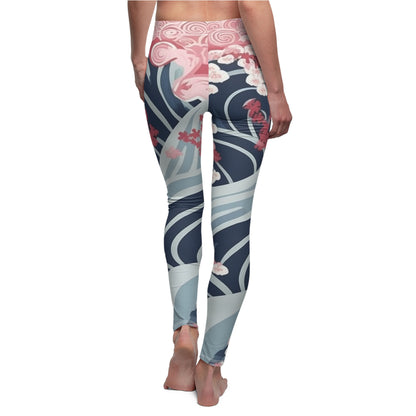 Leggings casuales de corte y costura con patrón de flores de cerezo y ondas minimalistas japonesas para mujer (AOP) 