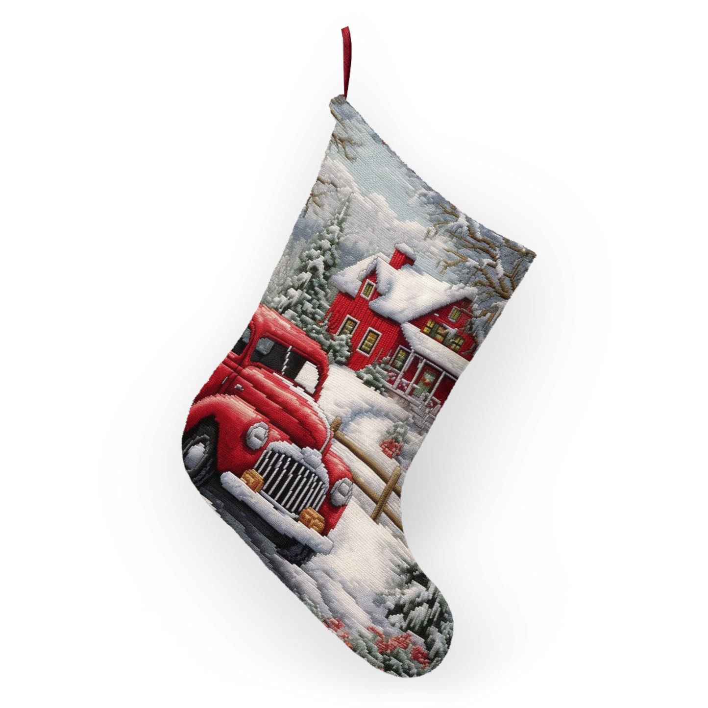 Red Truck Christmas Embroidery: Needlepoint Festive Winter Scene Threadwork - Christmas Stockings