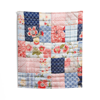 Floral Harmony Quilt, Blossom Patchwork, Blue and Pink Quilted Patterns, Garden Quilt, Soft Pastel Quilting Squares Design - Indoor Wall Tapestries