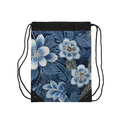 Flower Blossom Embroidery Floral on Denim Style - Drawstring Bag