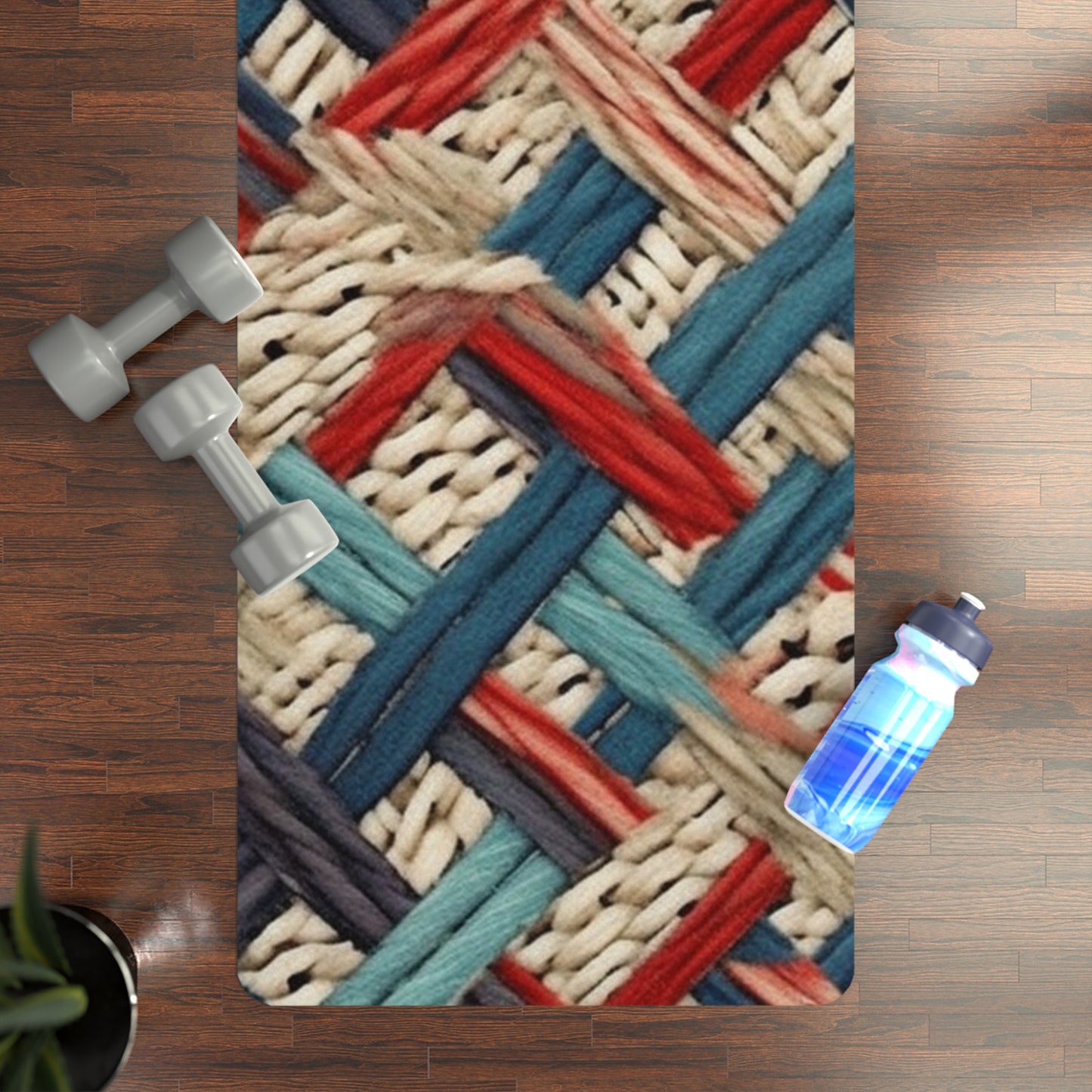 Colorful Yarn Knot: Denim-Inspired Fabric in Red, White, Light Blue - Rubber Yoga Mat