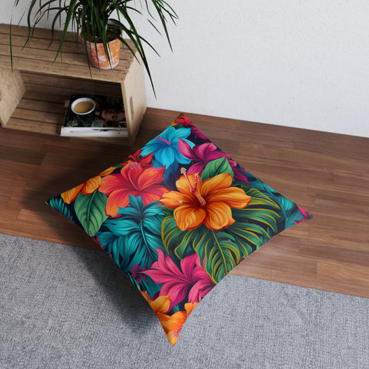 Cojín de suelo capitoné con diseño de estampado floral tropical de inspiración hawaiana, cuadrado 