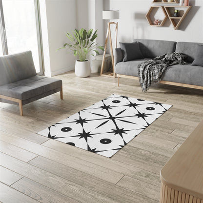 Mid Century Modern Asterisk Design - White & Black Atomic Starburst - Dobby Rug