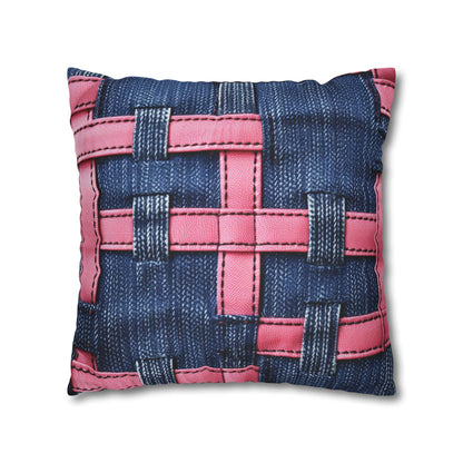 Candy-Striped Crossover: Pink Denim Ribbons Dancing on Blue Stage - Spun Polyester Square Pillow Case