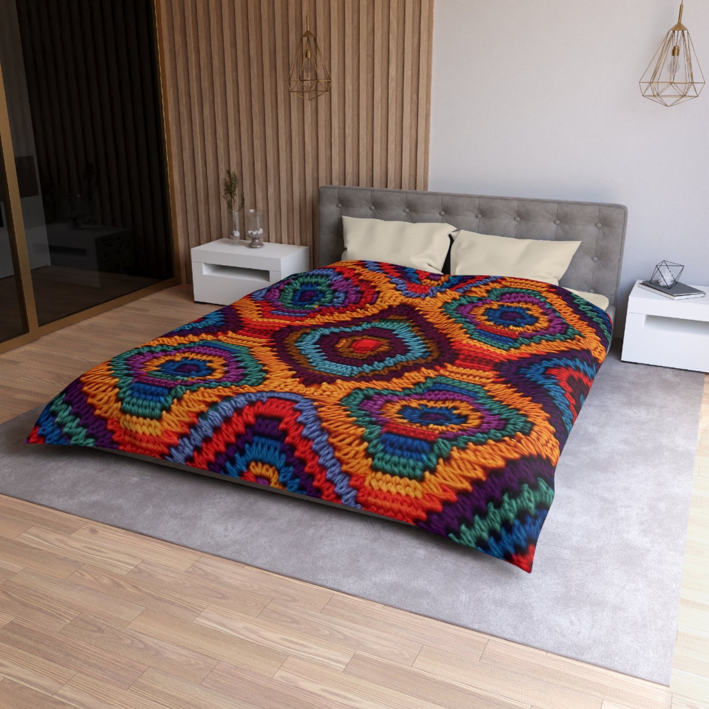 African Heritage Crochet, Vibrant Multicolored Design, Ethnic Craftwork - Microfiber Duvet Cover