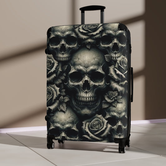 Black Flowers and Skulls Suitcase! Hard side, rolling luggage with black metallic skulls and flowers.Gothic, Skulls, Dark black!