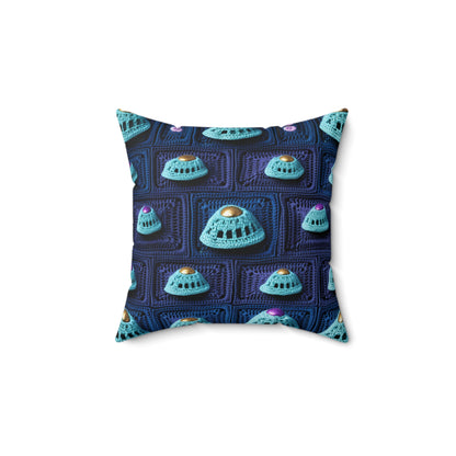 Spaceship UFO Crochet - Galactic Travel Ship - Alien Craft - Flying Saucer - Spun Polyester Square Pillow