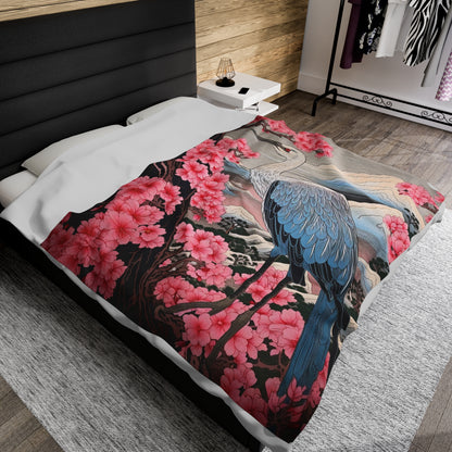 Sakura Blossoms Majestic Crane - Japanese, Birthday Gift for Dad, Traditional Indigo & Mount Fuji - Velveteen Plush Blanket