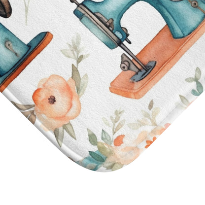 Watercolor Sewing Machines & Floral Bouquets: Antique Feminine Minimalist Styling - Bath Mat