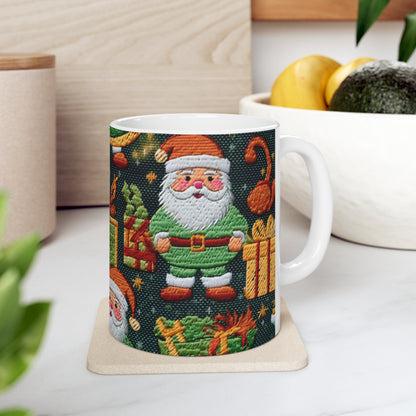 Christmas Santa Claus - Embroidered Presents - Festive Winter Wonderland - Deck the Halls Design - Ceramic Mug 11oz