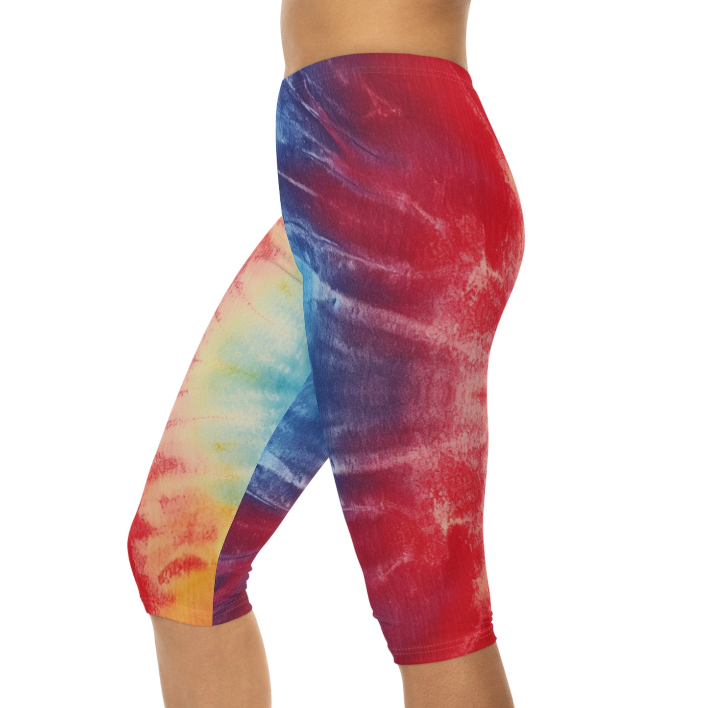 Denim Rainbow Tie-Dye: Espectáculo de diseño de telas multicolores vibrantes - Leggings capri para mujer (AOP) 