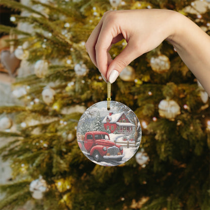 赤いトラックのクリスマス刺繍: 針先のお祝いの冬景色の糸細工 - ガラスオーナメントバンドル