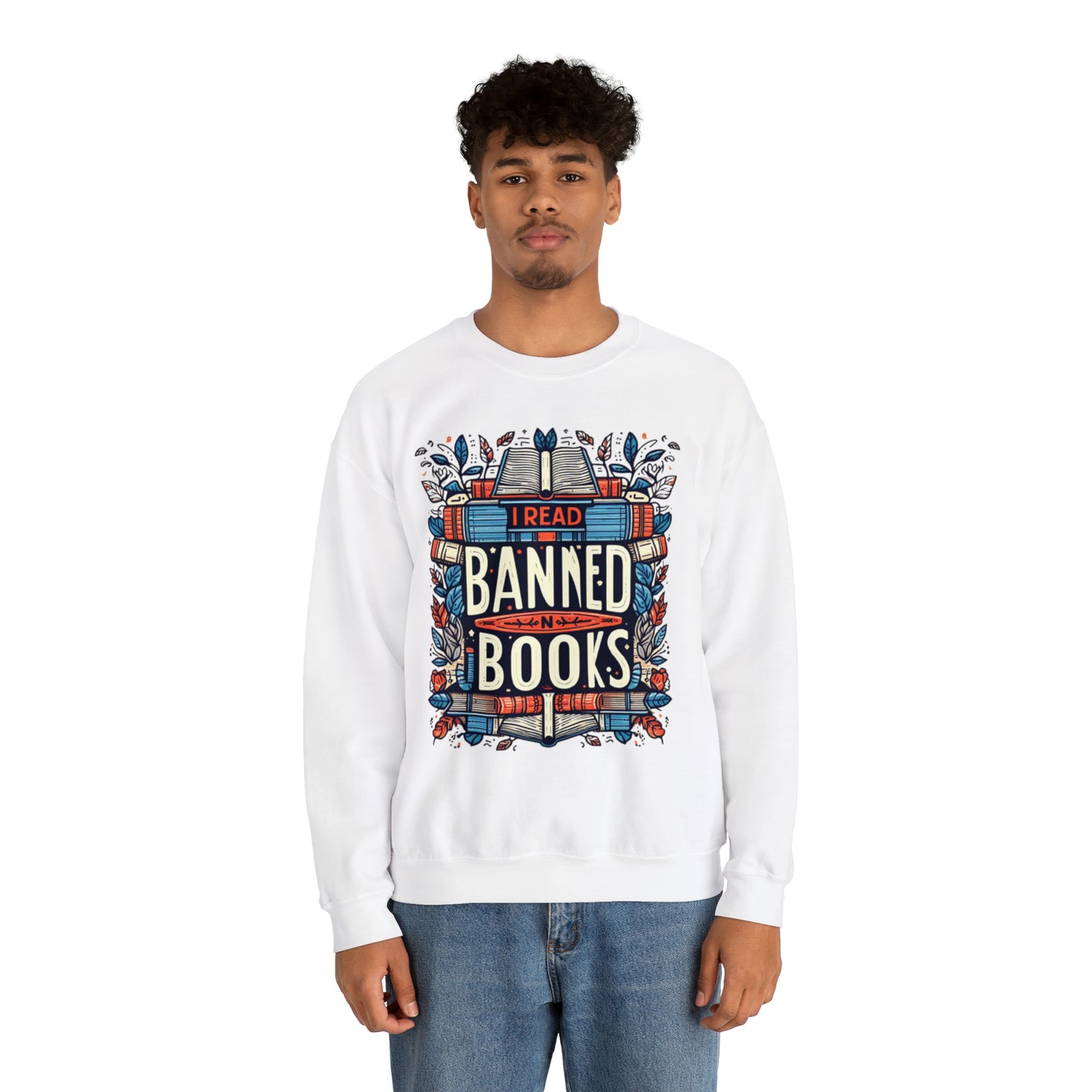 I Read Banned Books - Emblematic Floral Book Stack - Unisex Heavy Blend™ Crewneck Sweatshirt