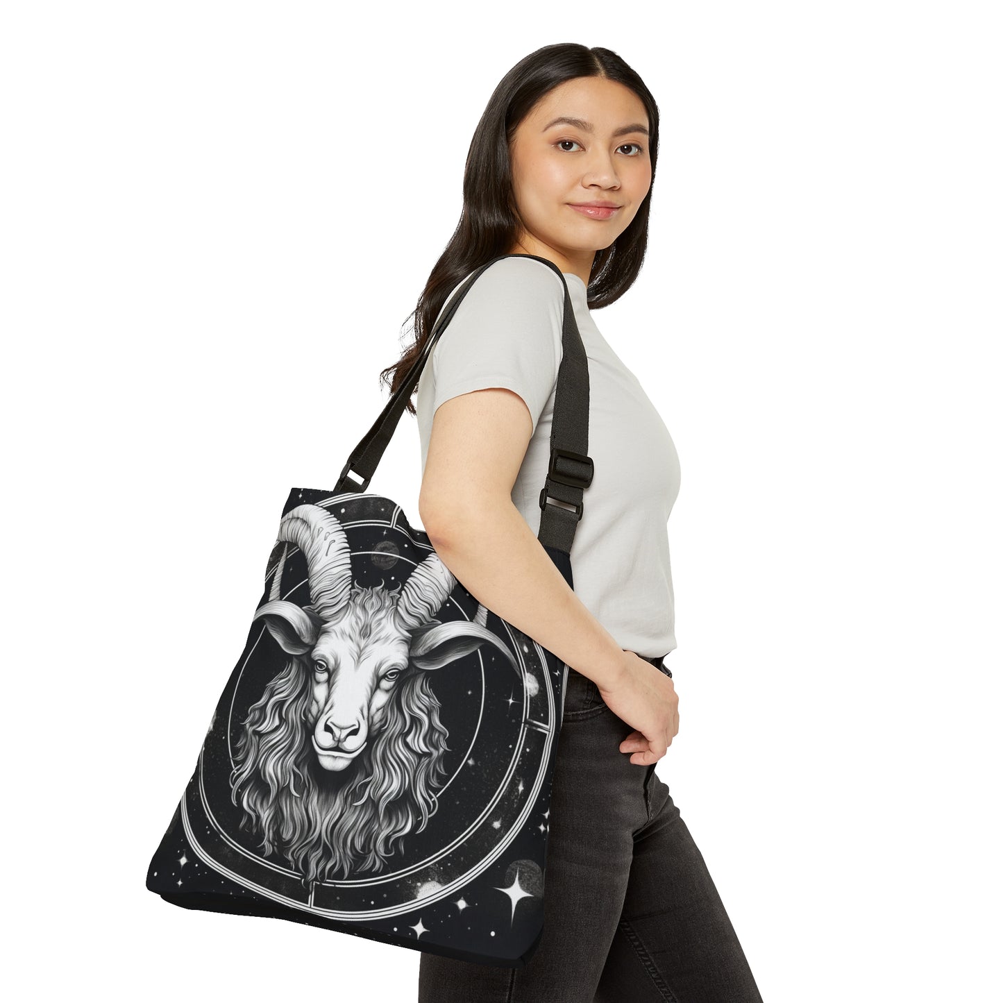 Bolso tote del zodiaco Capricornio, diseño de cabra blanca y negra, 100% poliéster hilado, correa ajustable 