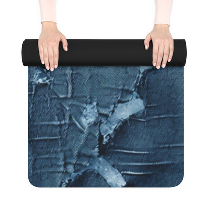 Distressed Blue Denim-Look: Edgy, Torn Fabric Design - Rubber Yoga Mat