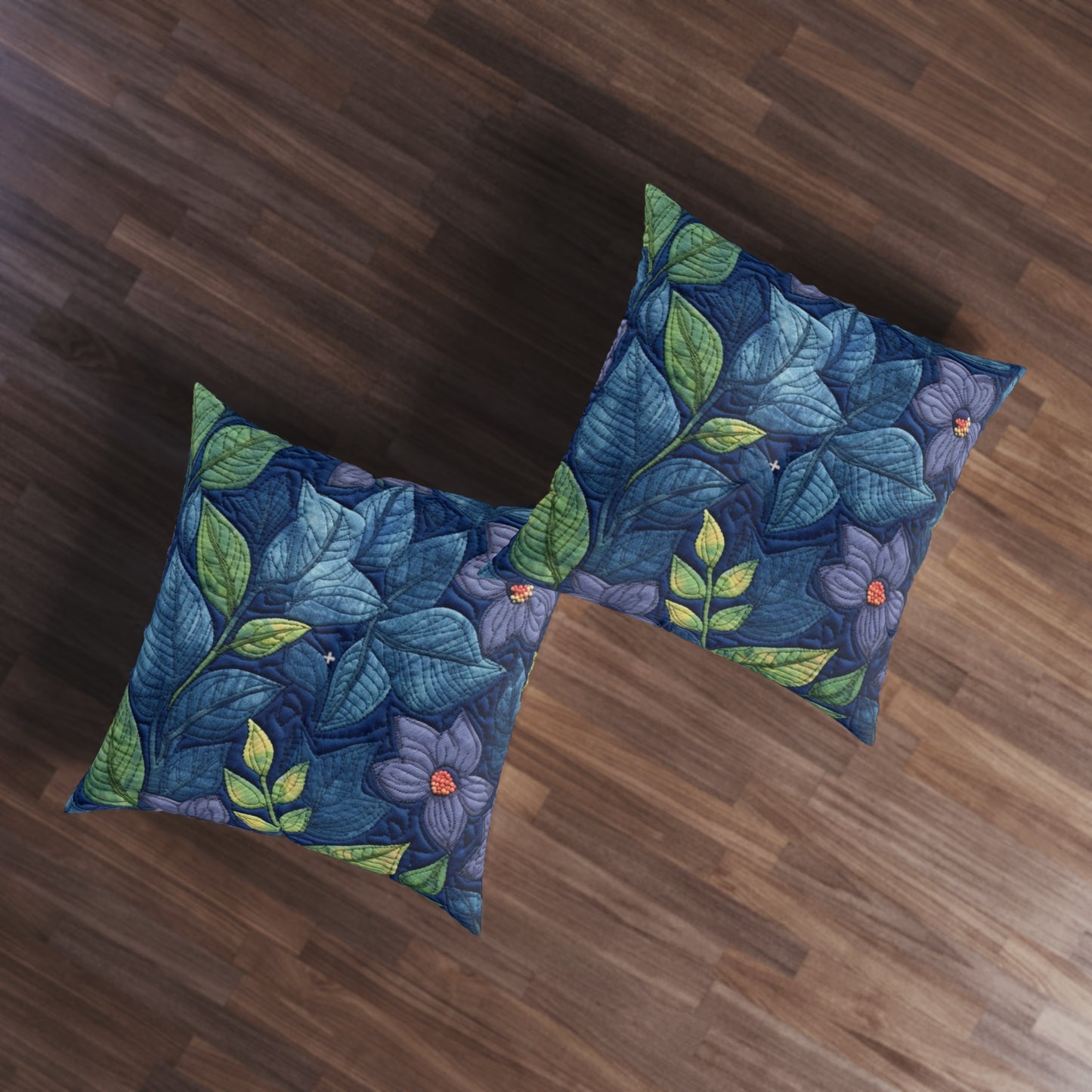 Floral Embroidery Blue: Denim-Inspired, Artisan-Crafted Flower Design - Tufted Floor Pillow, Square