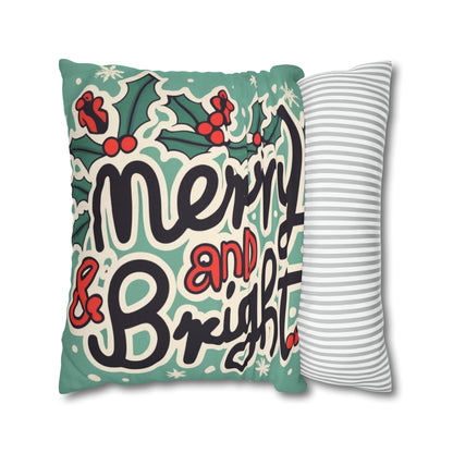 Merry and Bright Christmas Theme Holiday - Spun Polyester Square Pillow Case