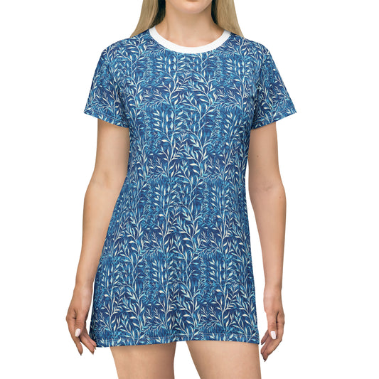 Sea Twig Blue Faux Wrap T-Shirt Dress (AOP)
