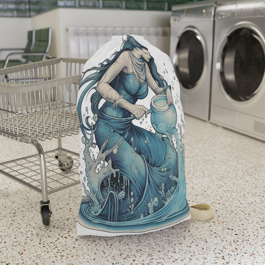 Aquarius Zodiac Symbol - Girl Pouring Water, Hand-Drawn Style - Laundry Bag