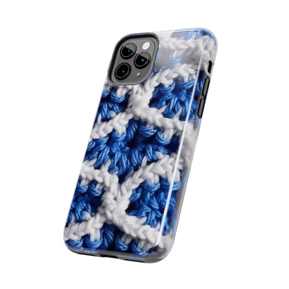 Blueberry Blue Crochet, White Accents, Classic Textured Pattern - Tough Phone Cases